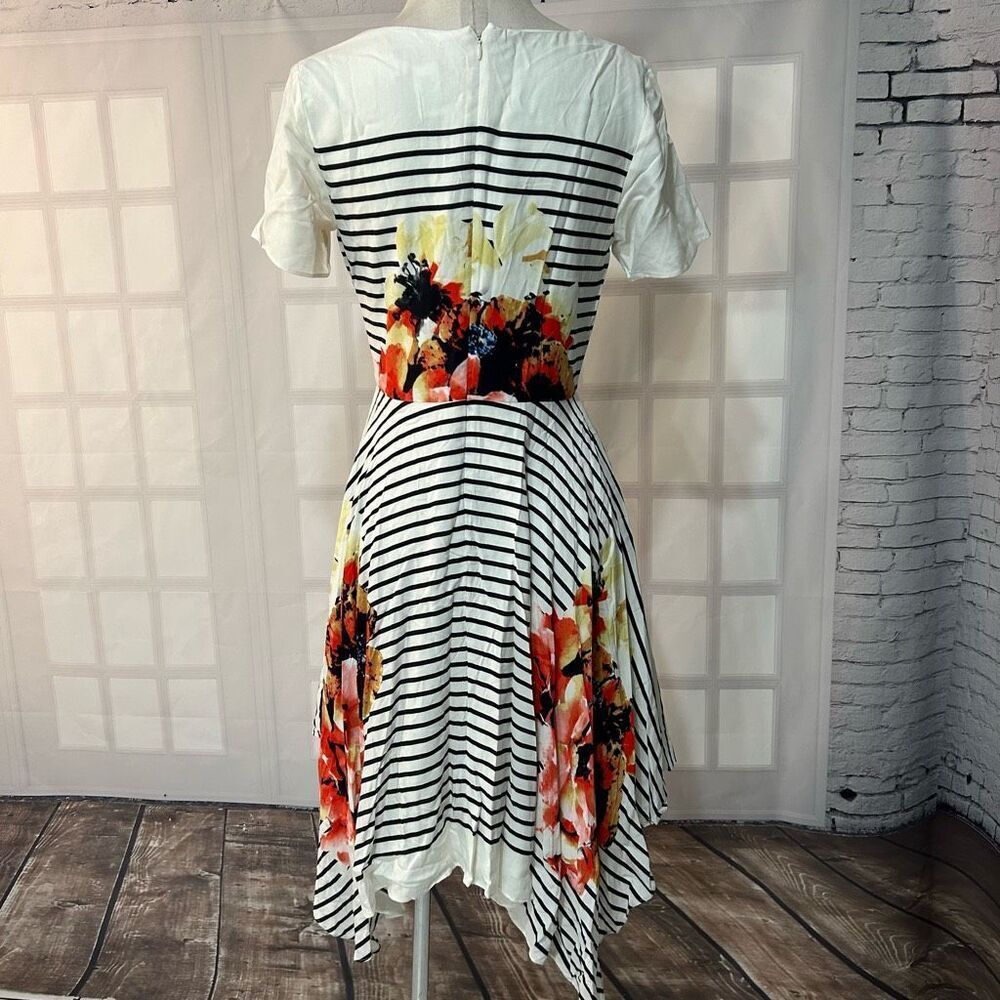 Anthropologie Cream Striped Midi Dress with Red & Pink Floral Print - Picture 7 of 11